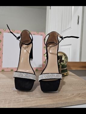 New Day Black Rhinestone Ankle-Strap Block Heels
